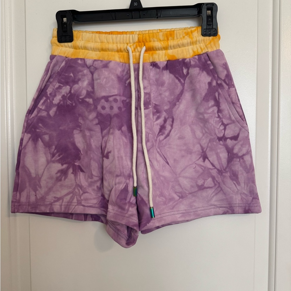 QUEEN OF SPARKLES Purple and Yellow Tie-Dye Athletic Shorts